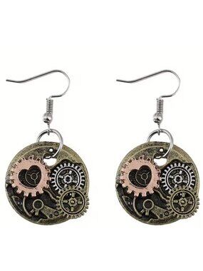 Steampunk Gear Earrings – Vintage Industrial Clockwork Dangle Earrings, Retro